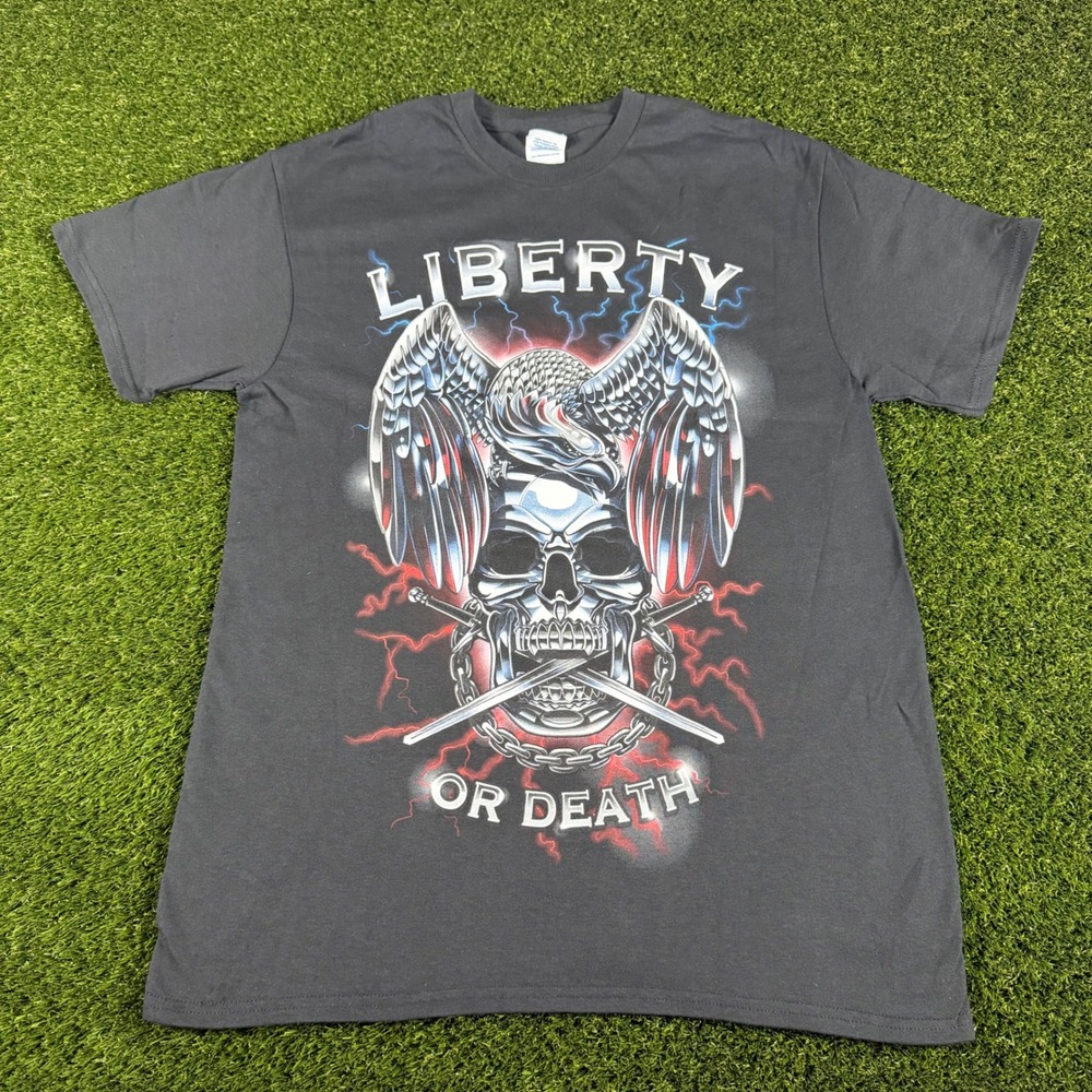 Delta Pro Weight Liberty or Death Eagle Skull Graphic T-Shirt Mens Medium Gray